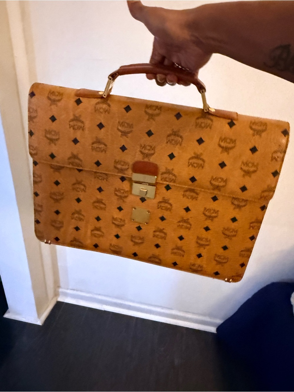 MCM Cognac Logo Briefcase with Gold Hardware